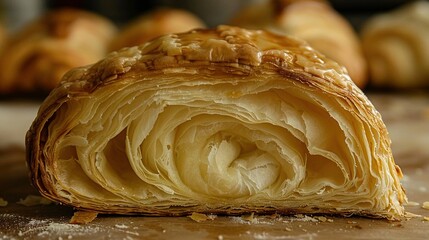 Wall Mural -   A close-up of a croissant resting on a table surrounded by other croissants
