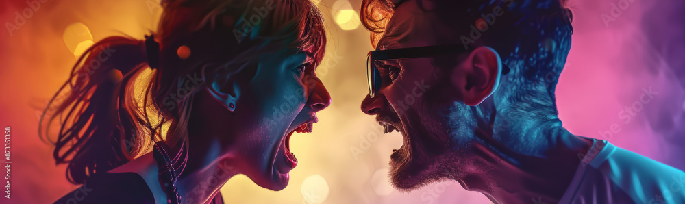 Conflict in communication: two people in a heated argument, with facial ...