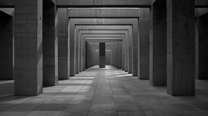 Poster - A long corridor lined with concrete pillars, sunlight casting shadows on the floor, highlighting the architectural details