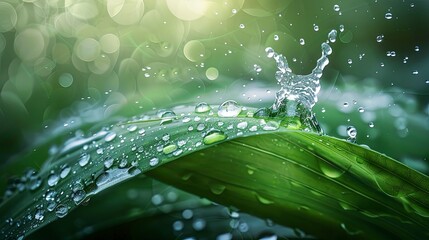 Wall Mural - water drops splashing on green leaf, purity nature background, Realistic, Detail. Generative ai