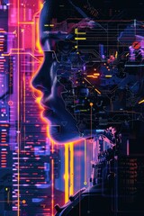 Poster - A woman's face is shown in a futuristic cityscape with neon lights and a lot of technology. The image is a representation of the idea of technology and its impact on society