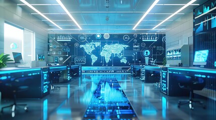 Fototapete - Modern tech control room with digital screens, world maps, and advanced technology representing a high-tech command center.
