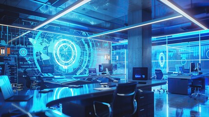 Poster - Futuristic high-tech office with advanced digital interfaces and holographic displays, ideal for cyber technology and innovation environments.