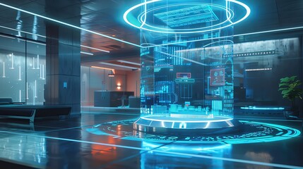 Poster - Futuristic high-tech office with glowing blue holographic display, sleek furniture, and modern technology in an ultra-modern setting.