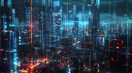 Poster - Futuristic cyberpunk cityscape at night with glowing lights, towering skyscrapers, and advanced technology vibes in a digital landscape.