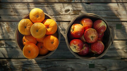 Sitting on a wooden table are two bushels from top to bottom - one with a bushel of apples, the other with oranges