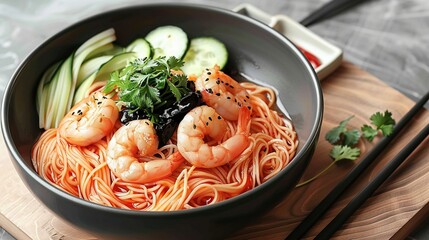 Wall Mural -   A cutting board with a bowl of noodles, shrimp, cucumbers, and parsley