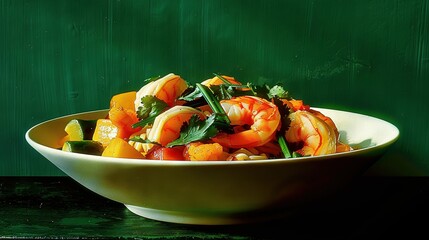 Wall Mural -   A close-up of a bowl of shrimp and vegetables on a table with a green wall in the background