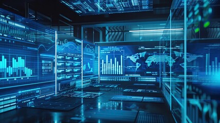 Fototapete - Futuristic data center with digital interfaces displaying graphs and world maps, emphasizing global connectivity in technology.