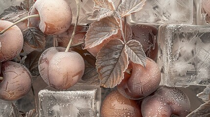 Wall Mural -   Closer look of fruits on a tree with ice and water droplets