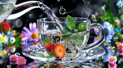 Poster -   A cup of tea with strawberries and mint on a saucer next to a pitcher of water and flowers