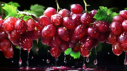Wall Mural -   A close-up of grapes on a black background with water droplets and green leaves
