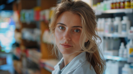 Poster - A woman with blonde hair and blue eyes stands in front of a pharmacy. She is wearing a white lab coat and a blue shirt