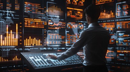 Poster - Businessman analyzes data on high-tech digital screens, navigating through graphs and charts in a futuristic control room.