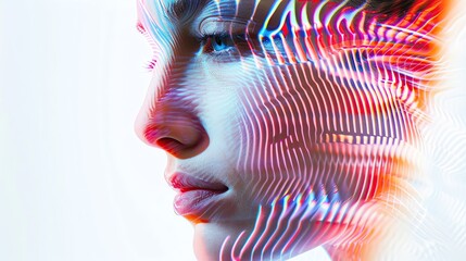 Poster - Abstract digital art portrait with colorful lines and patterns overlaying a serene face, capturing the fusion of technology and human expression.
