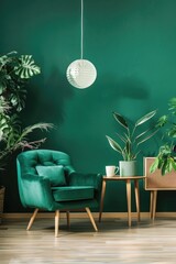 Wall Mural - A green room with a green wall and a green chair. There is a table with a cup on it. A potted plant is on the table