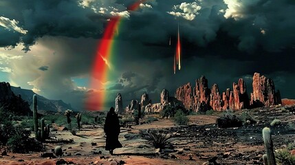 Leinwandbilder -   A rainbow in the desert, surrounded by clouds
