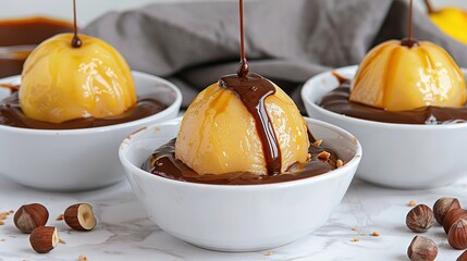  Two bowls of ice cream topped with nuts rest on a white table covered in a gray napkin