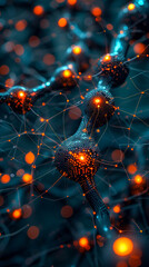 Poster - Interconnected Digital Neural Network at Night: Illuminated Nodes and Glowing Connections Representing Advanced Technology and Data Communication in a Futuristic Dark Setting
