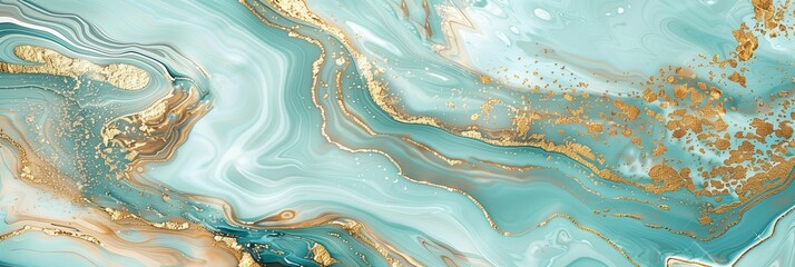 Poster - Fresh abstract marble texture with aqua, gold, and white swirling patterns, ideal for contemporary backgrounds and design elements.