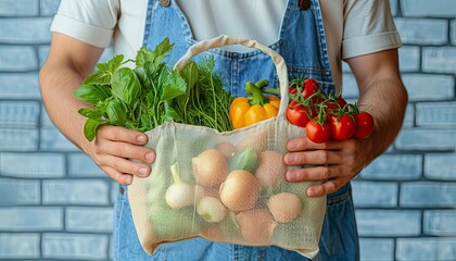 Person holding mesh bag filled with fresh vegetables and herbs, including tomatoes, bell peppers, onions, basil, and dill, against a brick background.