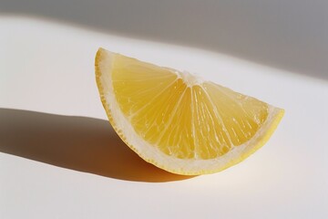 Wall Mural - A slice of lemon is shown on a white background. The lemon is cut in half and the inside is visible. Concept of freshness and natural beauty