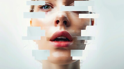 Poster - Surreal portrait of a woman's face fragmented into digital pieces, representing technology and identity in a modern context.
