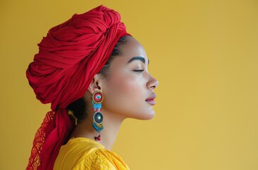 Profile Portrait of a Woman Wearing a Red Head Wrap and Long Beaded Earrings