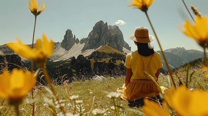 Sticker -   A woman in a yellow dress and hat stands amidst a sea of wildflowers, with majestic mountains in the distance