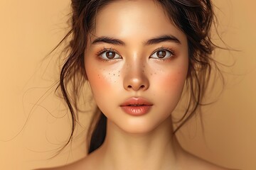 Close-up portrait of young Asian beautiful woman with K-beauty make up style and healthy and perfect skin isolated on beige background for skincare commercial product advertising.	