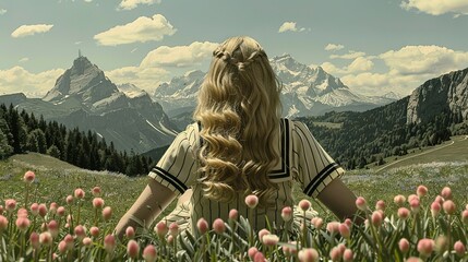 Wall Mural -   A woman with long hair sits amidst a field of flowers against a backdrop of majestic mountains and cloud-filled sky