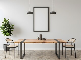 Wall Mural - Minimalist Dining Room with Steel and Wood Table in Contemporary 3D Rendering