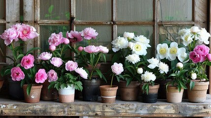 Wall Mural -   A row of potted flowers sits on top of a wooden window sill next to a wooden window sill