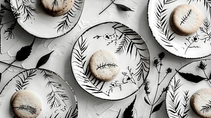 Wall Mural -   A plate of cookies topped with powdered sugar and sprinkled with black and white leaves