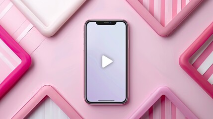 Poster - In the center of the image, a pink smartphone surrounded by pink and white frames displays a play button, ready to start content