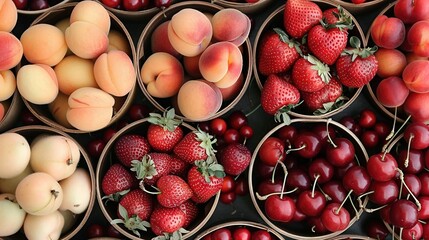 Wall Mural -   A few strawberries, peaches, and strawberries are neatly arranged in mini baskets on a table