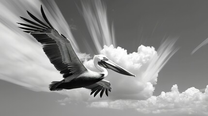 Poster -   A high-quality image of a black-and-white pelican in mid-flight against a cloud-filled backdrop