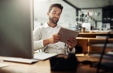 Canvas Print - Computer, tablet and business man in office for planning, online news and website research. Creative, web designer and person on digital tech for software update, SEO project and internet at desk