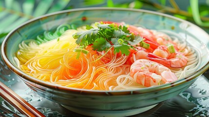 Wall Mural -   A plate of noodles with shrimp, carrots, and cilantro served with chopsticks