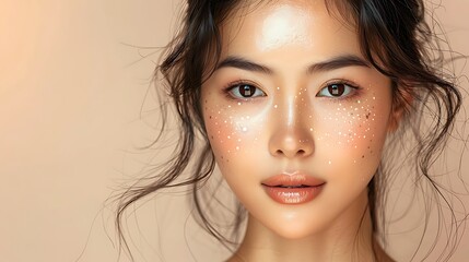 Close-up portrait of young Asian beautiful woman with K-beauty make up style and healthy and perfect skin isolated on beige background for skincare commercial product advertising.	