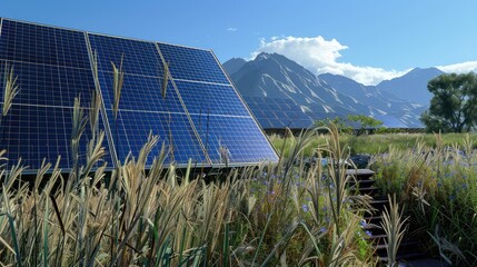 Wall Mural - Solar panels standing tall among tall grasses, with a distant view of mountains, powering an underground water pump system.