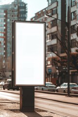 Wall Mural - A large white billboard is standing on the side of a street. The billboard is empty and has no writing on it. The scene is set in a city with cars and a bicycle parked nearby