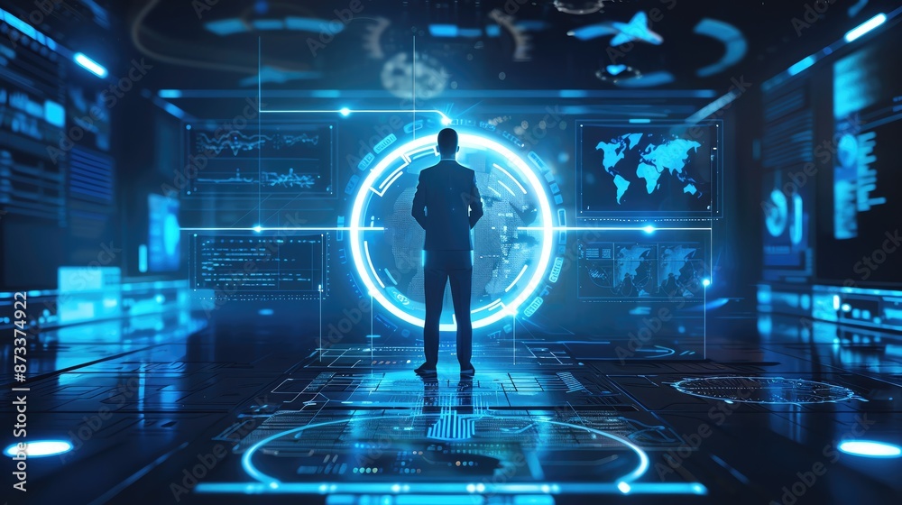 Futuristic technology concept with a man standing in a holographic ...