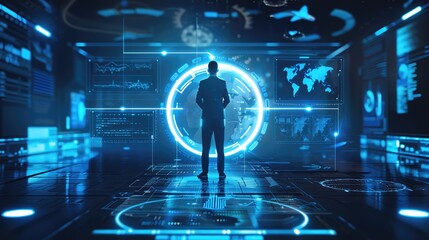 Poster - Futuristic technology concept with a man standing in a holographic interface room, displaying digital and virtual reality elements.