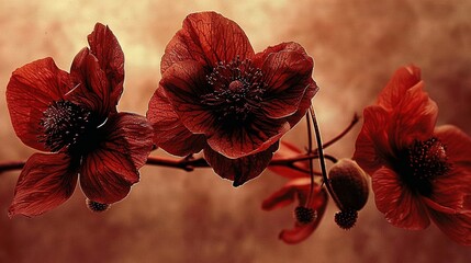 Wall Mural -   A close-up shot of vivid red flowers on a branch, with water droplets glistening on their petals In the background, there's a subtle haze,