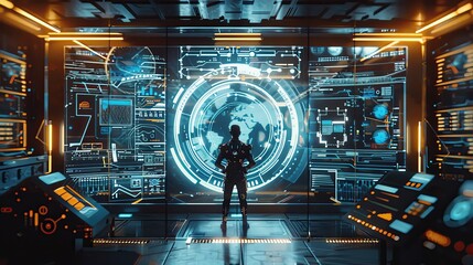 Poster - Futuristic control room with a silhouette of a person standing before a large holographic screen, showcasing advanced technology and innovation.