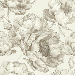 Hand-drawn seamless pattern featuring intricate peony blossoms with fine details, creating a classic, artistic floral design on a neutral background