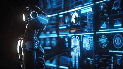 Poster - Futuristic robot interacting with digital interface, displaying advanced technology and data analysis in a high-tech environment.