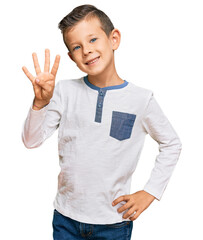 Poster - Adorable caucasian kid wearing casual clothes showing and pointing up with fingers number four while smiling confident and happy.