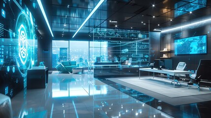 Poster - Futuristic office with holographic displays, advanced technology, and cityscape view, showcasing modern workplace innovation.
